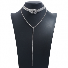 The new knotted shiny diamond double necklace fashion personality creative trend long multi-layer necklace