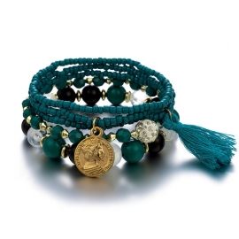 European and american fashion hot jewelry, beauty head, coin, multi-layer rice bead bracelet, metal white tassel bracelet