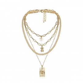 European and american cross-border jewelry, punk square cross thick chain necklace, girly temperament bear butterfly multi-layer necklace