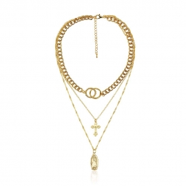 Cross-border hot-selling jewelry in europe and the united states cross double ring portrait embossed pendant multilayer necklace