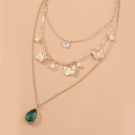 European and american cross-border new product butterfly accessories fashionable, elegant and exquisitely wrapped emerald drop zircon multi-layer necklace female