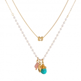 European and american fashion pearl double-layer necklace, summer simple and versatile turquoise drop pendant lady fresh necklace