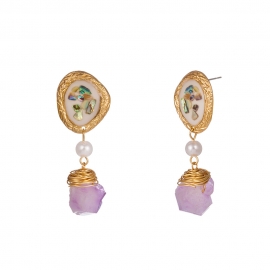 Fashionable new accessories, colorful shell earrings, hand-woven gold thread wrapped purple natural stone earrings