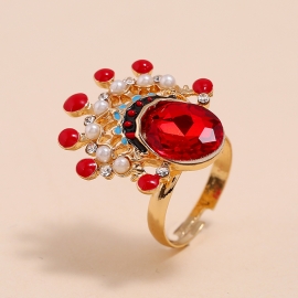 Fashion personality chinese style sichuan opera beijing opera mask ring retro ethnic crystal pearl adjustable ring