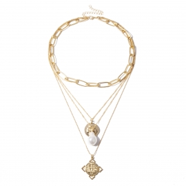 European and american cross-border jewelry, personalized geometric exaggerated chain necklace, female multi-layer diamond embossed portrait pearl necklace