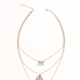 Vintage gypsy style metal feather leaf crystal tassel multilayer necklace