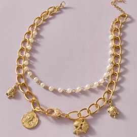 Fashion and creative all-match style lady turtle portrait embossed starfish pendant imitation pearl chain double necklace