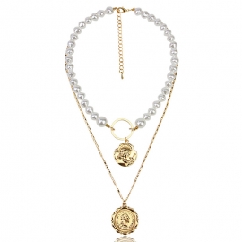 Fashion trendy retro style ladies portrait embossed pendant string imitation pearl chain double necklace