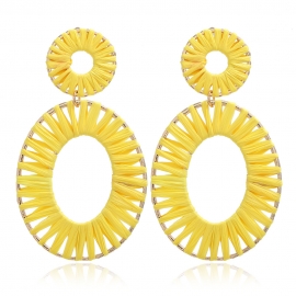 New cross-border european and american style exaggerated oval raffia earrings amazon hot sale braided segment dyed alloy earrings
