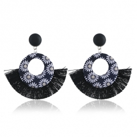 Bohemian ethnic style retro fashion exaggerated earrings geometric circular pattern fan-shaped acrylic tassel earrings