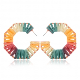 Factory direct amazon hot sale octagonal alloy raffia earrings european and american style exaggerated woven segment dyed earrings