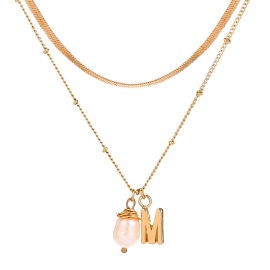 Double-layer snake chain necklace 26 letters with natural pearl pendant european and american simple ins style fashion hot-selling jewelry