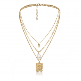 European and american cross-border jewelry, personalized rose square brand item, retro temperament pearl lock-shaped simple necklace