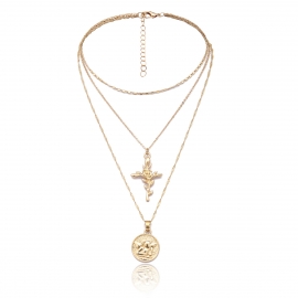 European and american cross-border jewelry retro rose cross multi-layer necklace female simple embossed portrait personality geometric necklace