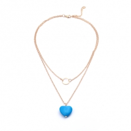 Cross-border hot-selling jewelry fashion simple heart-shaped turquoise hollow ring pendant double necklace