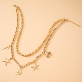 Personalized retro european and american style starfish cross eyes scallop pendant ladies double necklace
