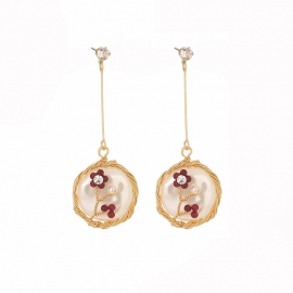 New hand-wound natural stone flower round pendant, long tassel simple red and white earrings