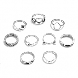 Retro personality simple metal geometric set ring european and american fashion trend hollow water drop love cat ears 9 piece set