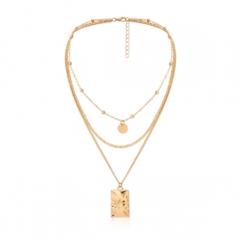 European and american cross-border jewelry, multi-layer sequined chain, multi-layer necklace, retro engraved flower brand square pendant necklace