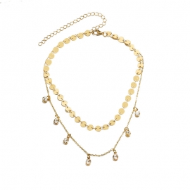 Fashionable personality all-match ladies alloy zircon round sequin pendant double necklace