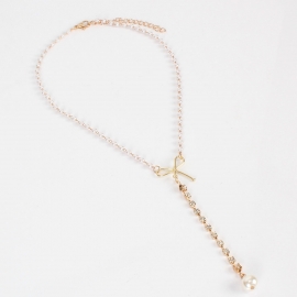 Fashionable and sweet korean style imitation pearl chain bow rhinestone pendant necklace