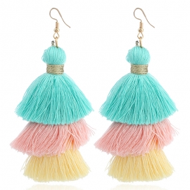 Amazon hot style tassel earrings bohemian retro long three-layer tassel gradient color tassel earrings female