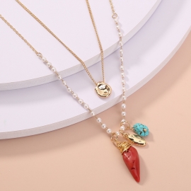 European and american fashion wild pearl necklace double layer simple natural coral stone turquoise pendant necklace female accessories