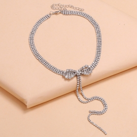 Japanese and korean fashion diamond bowknot tassel necklace simple personality temperament versatile light luxury design sense clavicle necklace