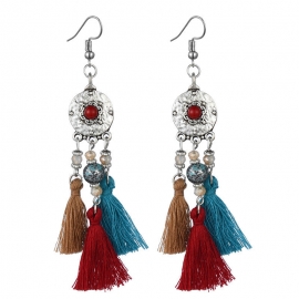 Cross-border bohemian earrings antique silver disc tassel earrings ethnic style beaded contrast color handmade earrings