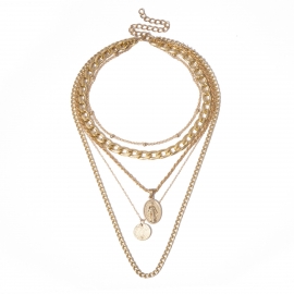 European and american cross-border jewelry mix and match multi-layer chain geometric necklace for women, personality multi-layer embossed portrait tassel necklace