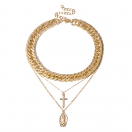 European and american cross-border jewelry, exaggerated cross, multi-layer necklace, personality thick chain punk rock portrait vintage necklace