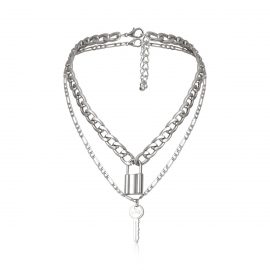 European and american cross-border jewelry, creative fashion, geometric letter double-layer necklace, retro key lock pendant necklace female