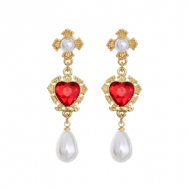 Red love earrings female temperament wild retro style baroque pearl earrings