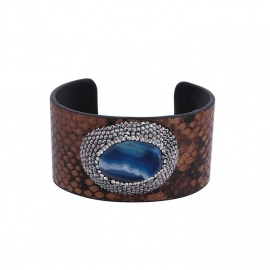 European and american fashion jewelry diamond-studded sapphire bracelet pu leather open bracelet snake pattern adjustable wide side bracelet wholesale