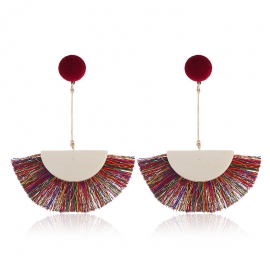 Creative new exaggerated european and american popular earrings, fur ball geometric fan-shaped tassel wooden earrings women, all-match jewelry