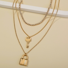 European and american cross-border hot sale creative fashion lock-shaped retro versatile multi-layer key lock rhinestone claw chain multi-layer necklace