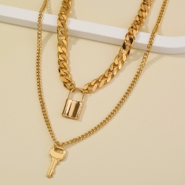 European and american foreign trade personality fashion key lock pendant necklace exaggerated thick chain retro geometric element clavicle chain