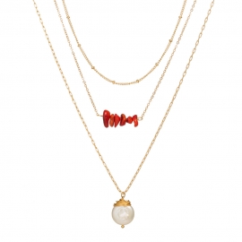 Summer white jewelry, golden beaded chain card neck, red gravel clavicle chain, baroque pearl multilayer necklace