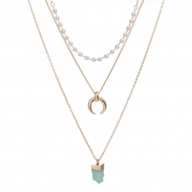 European and american new multi-layer versatile necklace, green imitation natural stone, gold crescent pendant necklace, pearl clavicle chain