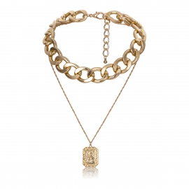 European and american cross-border jewelry, punk retro portrait pendant necklace, personality exaggerated pu chain embossed geometric necklace