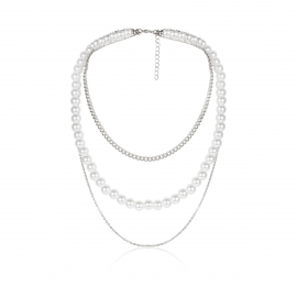 European and american cross-border jewelry, personalized imitation pearl handmade geometric necklace, popular temperament, three-layer thin chain necklace