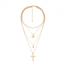 European and american cross-border hot-selling jewelry, personalized retro style cross disc sun flower pendant multi-layer necklace