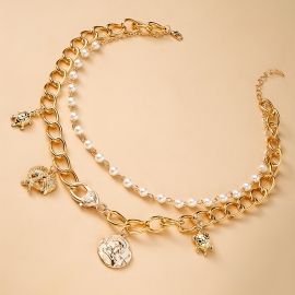 European and american cross-border beach wind starfish scallop turtle portrait relief pendant imitation pearl chain double necklace