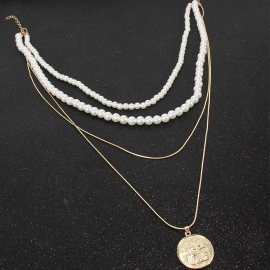 Fashion, creativity and elegance, ladies portrait embossed pendant string imitation pearl chain multi-layer necklace