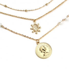 European and american cross-border jewelry ladies portrait embossed pendant imitation pearl chain multi-layer necklace