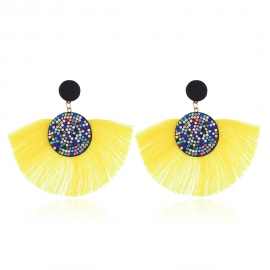 Factory direct amazon hot sale exaggerated round tassel flash diamond cloth earrings european and american style long tassel earrings