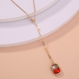 New elegant lady necklace stitching chain square faceted red crystal pendant necklace