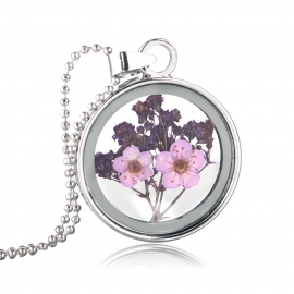 Korean style personality purple gypsophila flower glass photo box necklace fashion round dried flower pendant jewelry