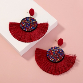 European and american exaggerated wine red and white semicircular earrings bohemian rice beads personality tassel earrings fashion temperament jewelry