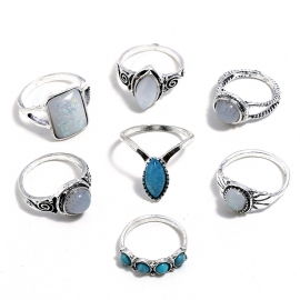 European and american new joint ring wish hot sale retro exaggerated geometric opal ring combination 7 piece set ring